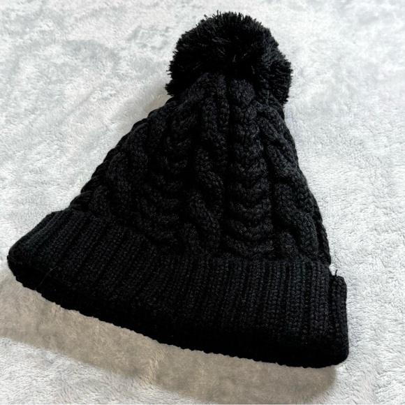 Timberland Cable Beanie Pom O/S Women's Black Wool Blend Leather Loop Fold Up - Picture 2 of 5